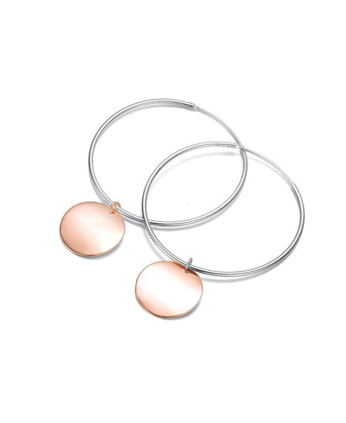 Stylish Sterling Silver with Round Rose Gold Plated Dangle Hoop Earrings