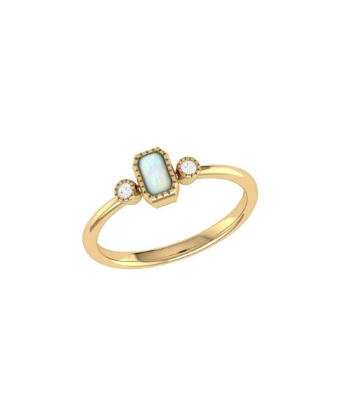 Emerald Cut Opal Gemstone, Natural Diamonds Birthstone Ring in 14K Yellow Gold