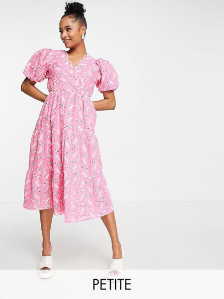 Miss Selfridge Petite broderie wrap midi dress in hot pink 