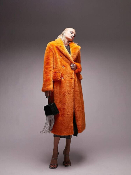 Topshop oversized long-line faux fur coat in bright orange