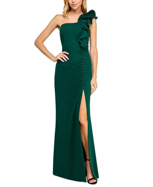 Juniors' Ruffled One-Shoulder Gown