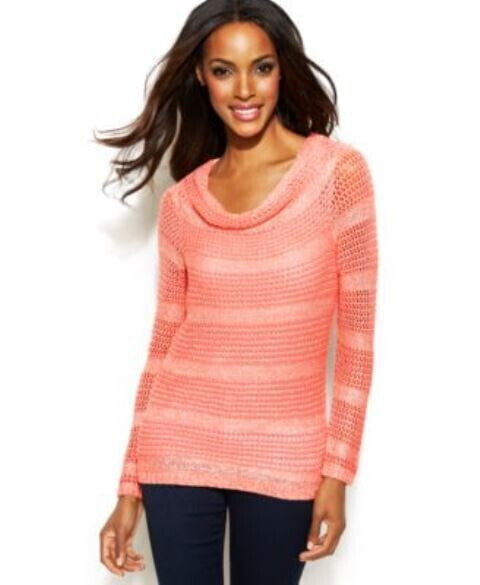 INC International Concepts Women's Cowl Neck Striped Sweater Coral Shell XL