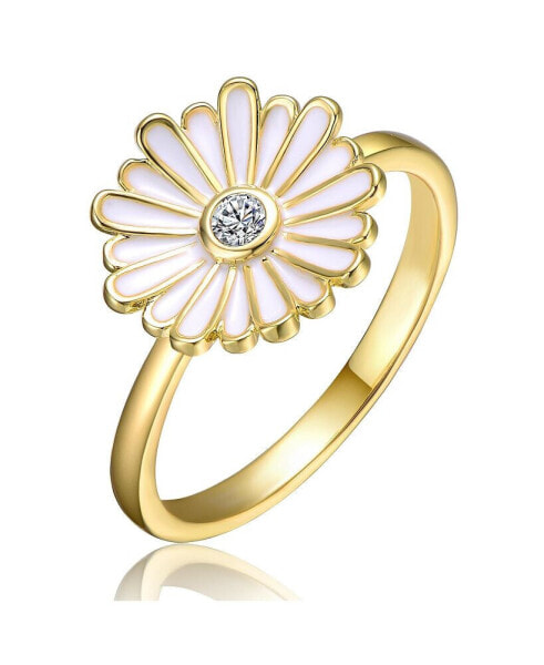 RA Young Adults/Teens 14k Yellow Gold Plated with Cubic Zirconia White Enamel Daisy Flower Ring