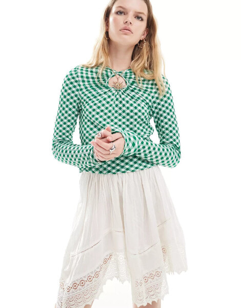 Neon Rose slinky gingham long sleeve keyhole top in green