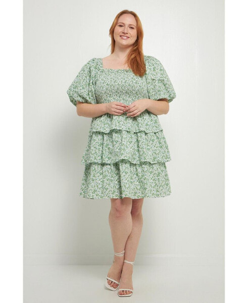 Women's Plus size Crinkled Floral Linen Smocked Tiered Mini Dress