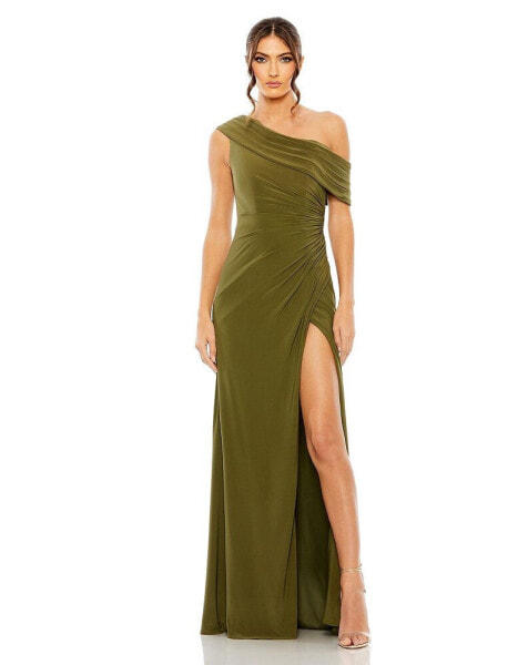 Women's Foldover One-Shoulder Slit Gown