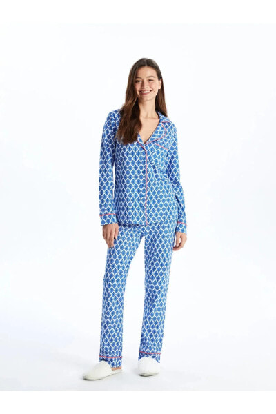 Gömlek Yaka Desenli Uzun Kollu Kadın Pijama Takımı