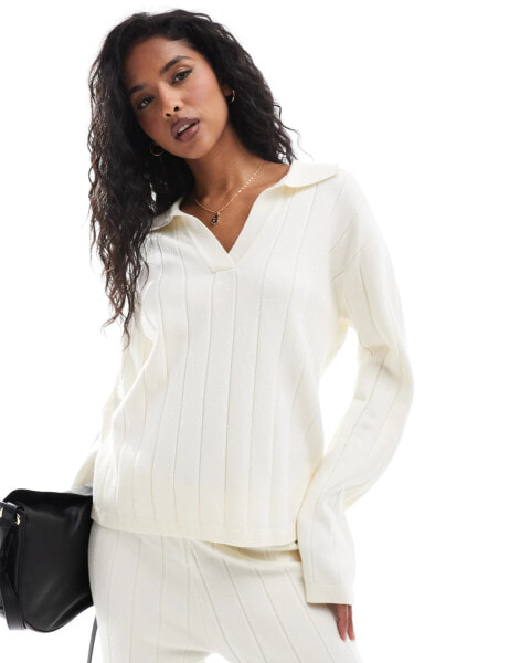 YAS wide rib knitted jumper co-ord with open polo neck in cream - CREAM