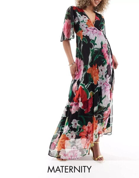 Hope & Ivy Maternity wrap maxi dress in black base floral