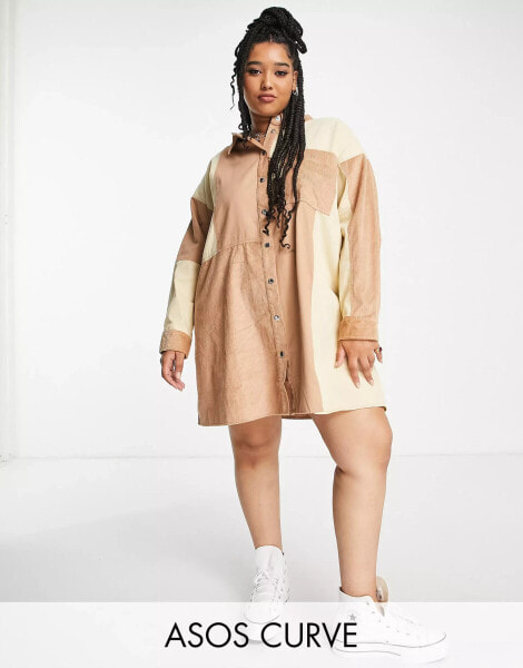 ASOS DESIGN Curve cord oversized mini shirt dress in patchwork beige tones