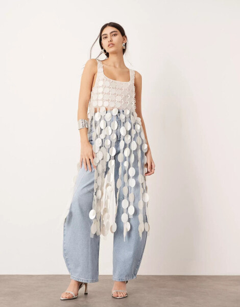 ASOS EDITION futurist sequin crop top with long 3D fringe hem in white