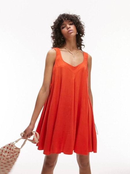 Topshop topstitch mini chuck on dress in orange