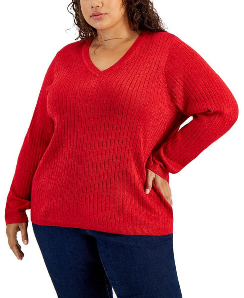 Plus Size Ribbed Metallic-Threaded Sweater