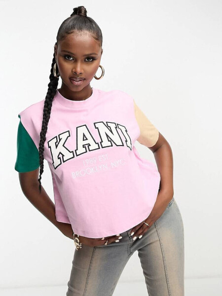 Karl Kani serif cropped t-shirt in pink and green