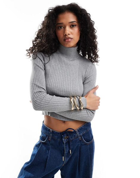 ASOS DESIGN knitted roll neck top in engineered rib in grey