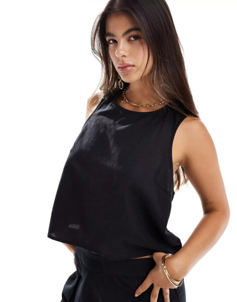 Pieces linen wrap front top co-ord in black