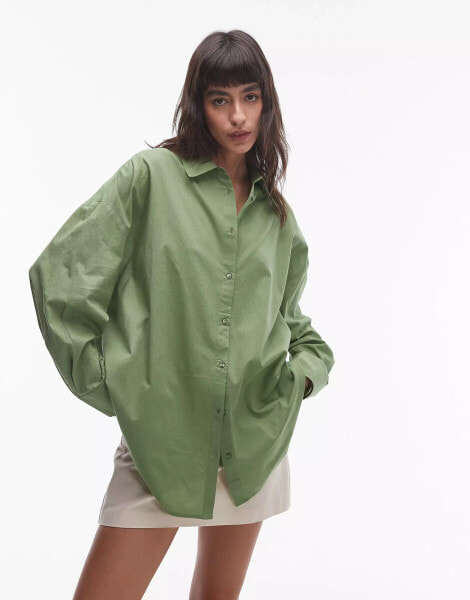 Topshop oversized cotton voile shirt in green