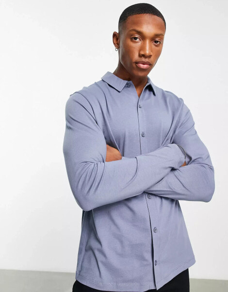 ASOS DESIGN – Langärmliges Jersey-Hemd in Blau mit Knopfleiste