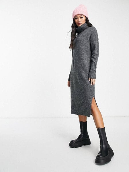 New Look knitted turtle neck midi dress in charcoal grey