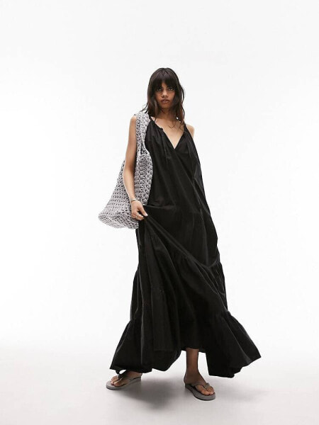 Topshop tiered poplin oversized maxi dress in black