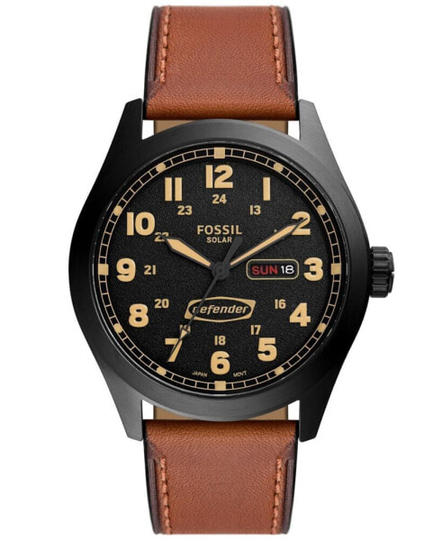 Men's Defender Solar Brown Leather Strap Watch, 46mm