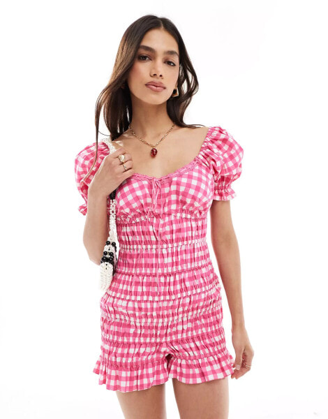 ASOS DESIGN elasticated channel lace trim bow playsuit in pink gingham