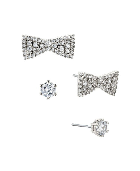 Silver-Tone Cubic Zirconia Bow Earrings and Stud Earrings Set of Two Pair