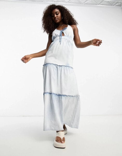 Miss Selfridge tiered denim maxi dress in mid wash