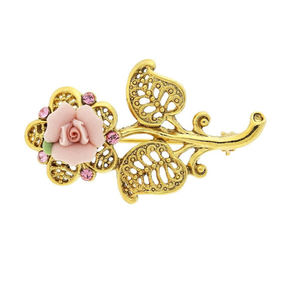 Gold-Tone Pink Crystal and Porcelain Rose Brooch