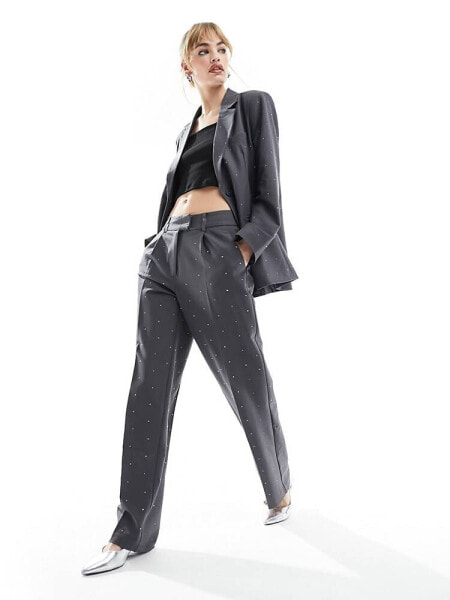 ONLY rhinestone straight leg tailored trouser co-ord in dark grey