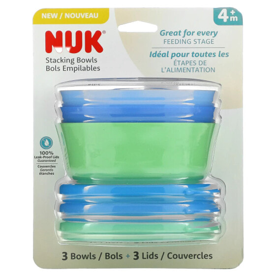Контейнер для еды NUK Набор чашек для детей 4+ месяца, синий и зеленый, 3 чашки + 3 крышки