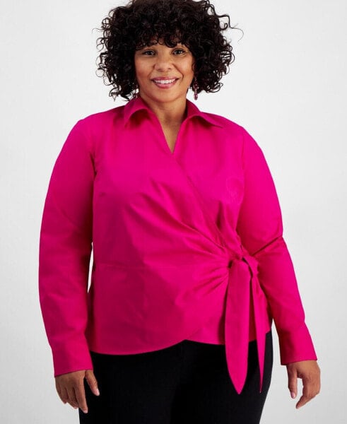 Plus Size Cotton Collared Wrap Top, Created for Macy's