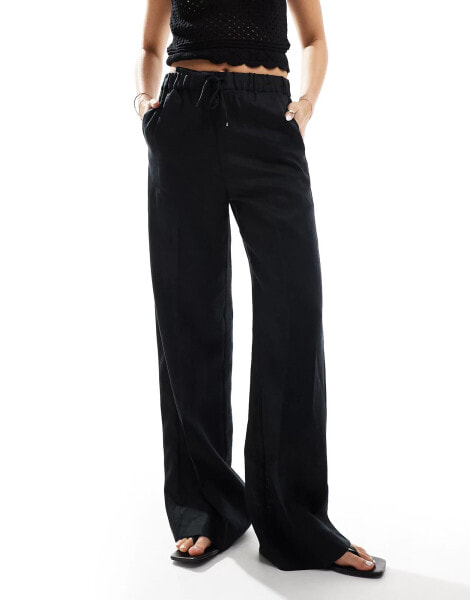 Mango linen drawstring trousers in black