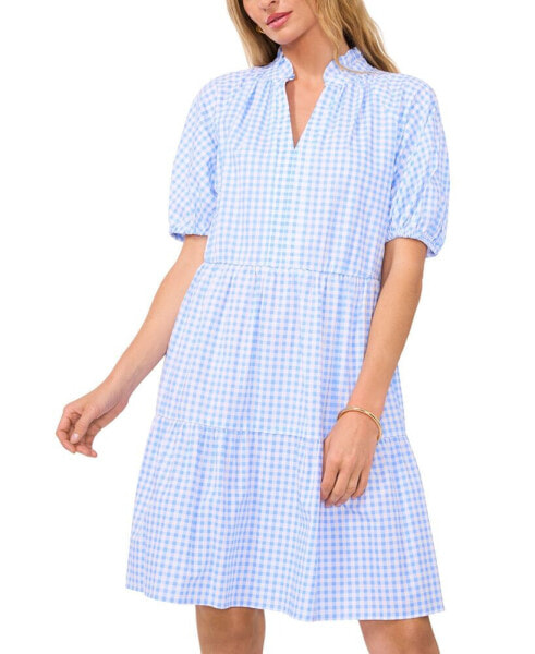 Women's Short-Sleeve Cotton Gingham Babydoll Dress