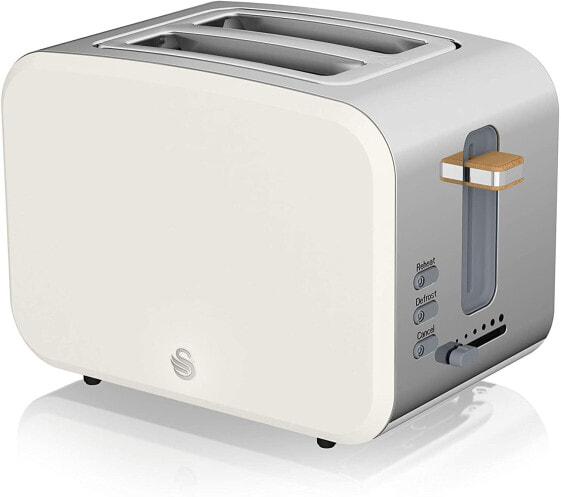 Swan Nordic Wide Slot Toaster with 2 Slices, 3 Functions, 6 Browning Levels, Modern Design, Stainless Steel, Wood Effect Handle, Matt White
