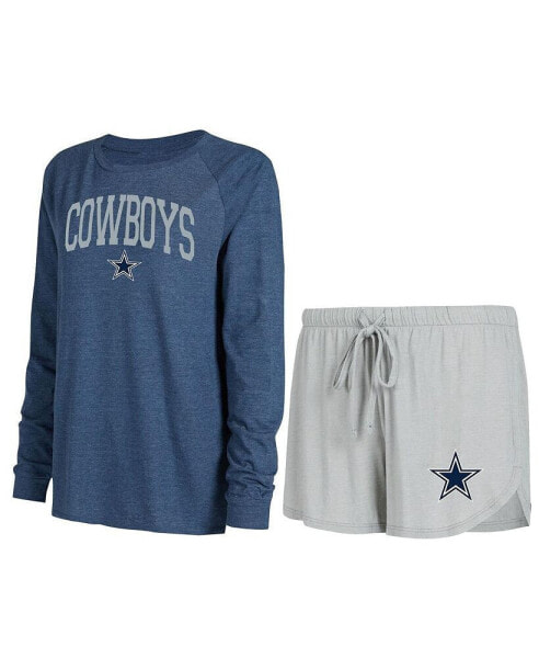 Women's Gray, Navy Dallas Cowboys Raglan Long Sleeve T-shirt and Shorts Lounge Set
