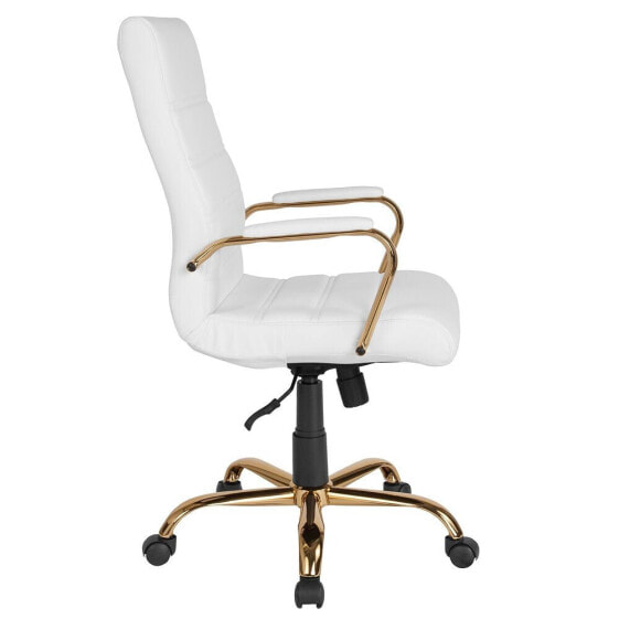 High Back White Leather Executive Swivel Chair With Gold Frame And Arms