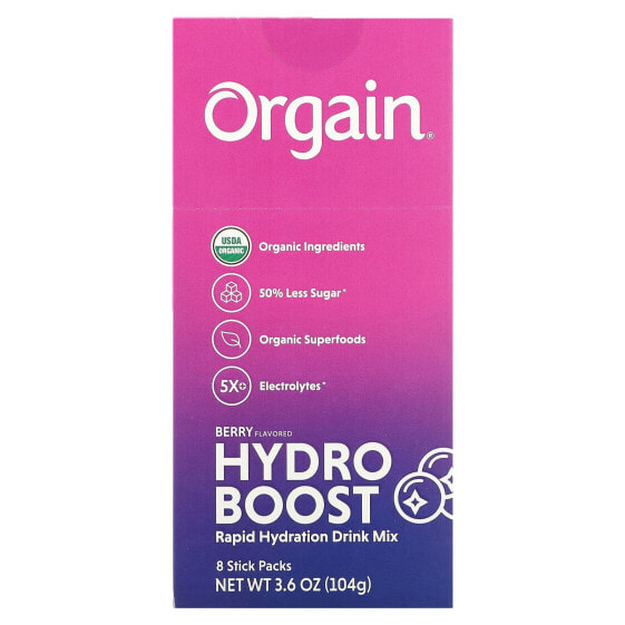 Orgain, Hydro Boost, смесь для быстрого увлажнения, ягодный, 8 пакетиков по 13 г (0,45 унции)