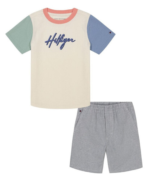 Toddler Boy short sleeve Soft Colorblock Logo Tee Printed Shorts Set