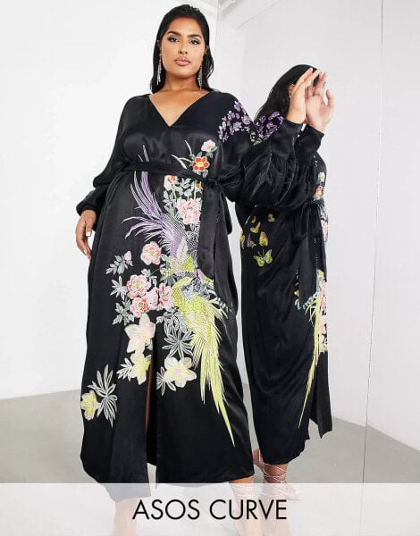 ASOS EDITION Curve v neck statement floral and phoenix dress with tie in black