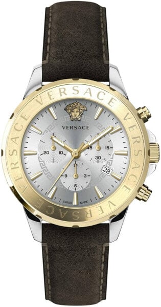 Versace Chrono Signature Herrenuhr Braunes Leder Silber Gold 44mm VEV600219