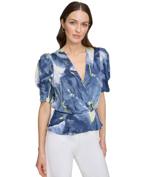 Women's Printed V-Neck Puff-Sleeve Top