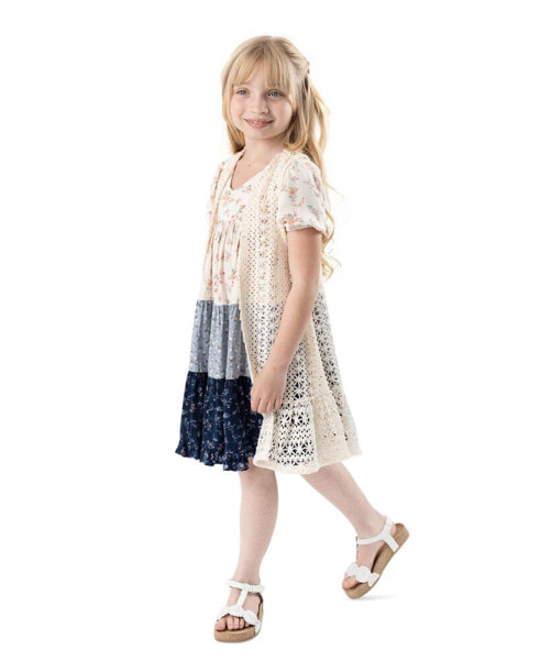 Toddler & Little Girls Floral-Print Colorblocked Dress & Crochet Vest, 2 Piece Set