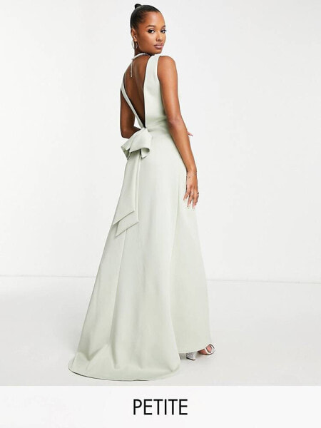 TFNC Petite Bridesmaid bow back maxi dress in sage green