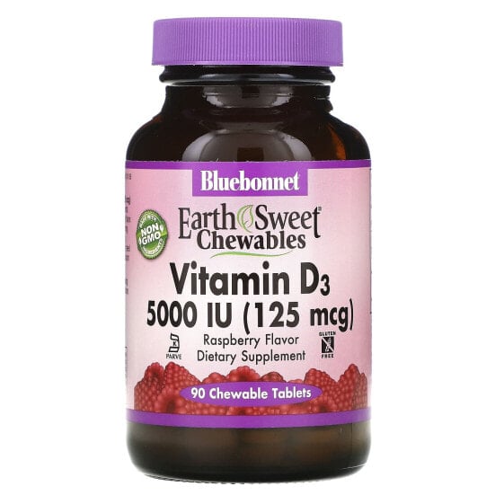 Витамины жевательные Bluebonnet Nutrition Vitamin D3 малина, 5,000 IU (125 мкг), 90 таблеток