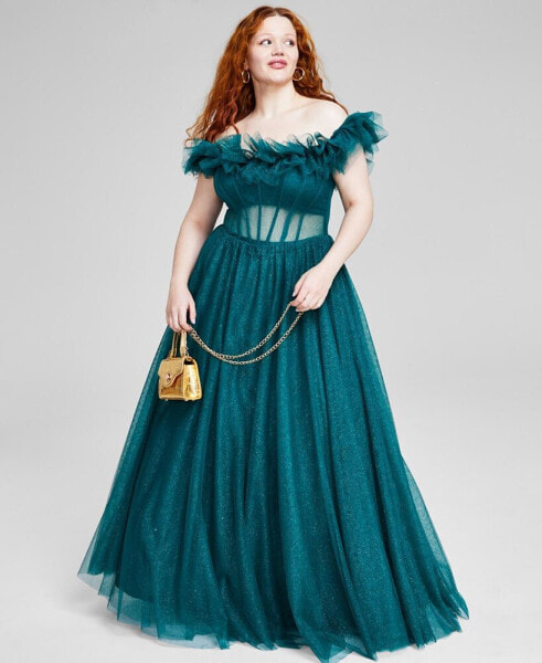 Trendy Plus Size Off-The-Shoulder Tulle Gown, Created for Macy's