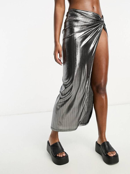 ASOS DESIGN asymmetric ruched side maxi beach skirt co-ord in metallic silver plisse 