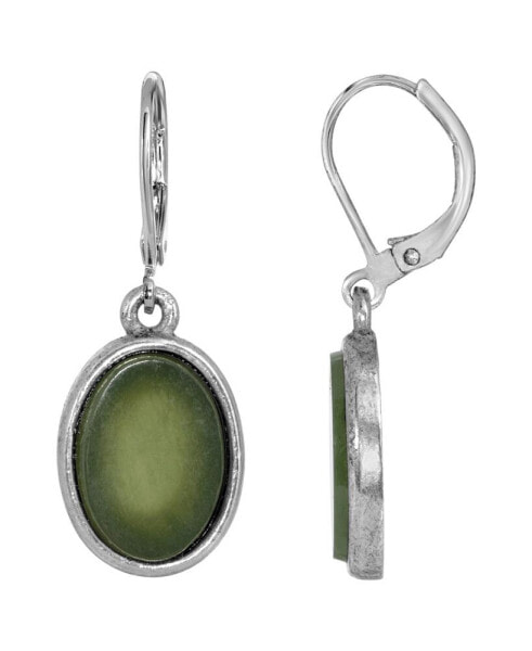 Silver-Tone Semi Precious Jade Oval Flat Drop Earrings
