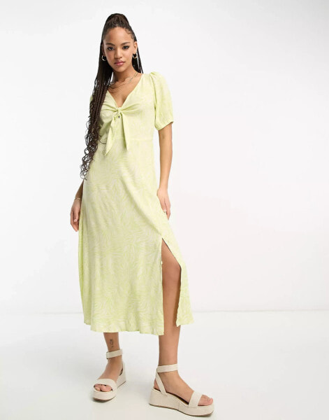 New Look keyhole tie front midi dress in green zebra print