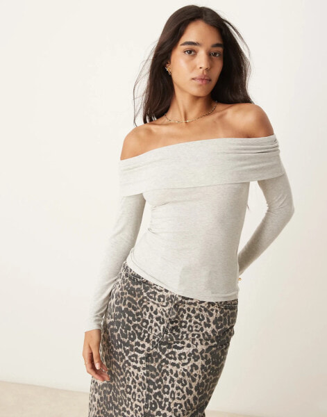 Abercrombie & Fitch long sleeve off the shoulder foldover top in grey